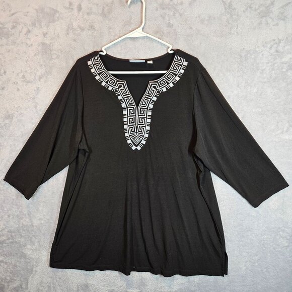 JM collections Womens 1x Black Embroidered V-Neck Top stretch business casual - Picture 1 of 10